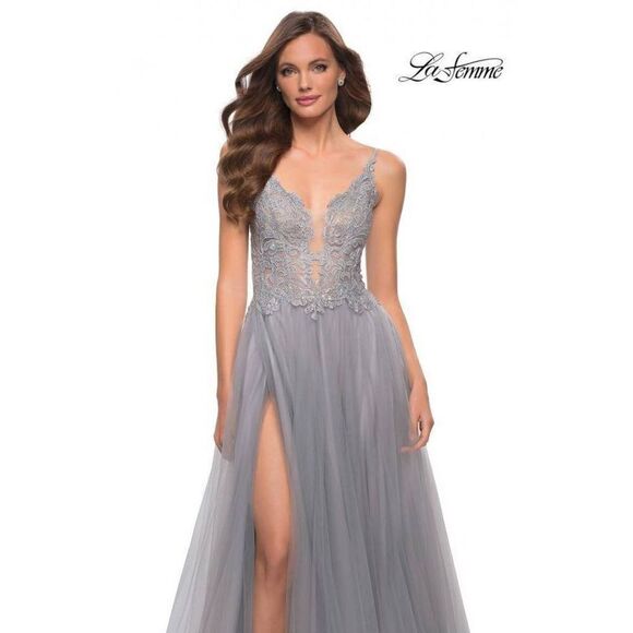 La Femme Tulle A Line Gown with Lace Rhinestone Bodice - Picture 2 of 3